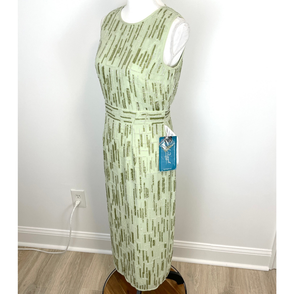 Mac Duggal Abstract Beaded Sleeveless Midi Dress In Sage Green 70264 Size 6 New - Picture 6 of 13